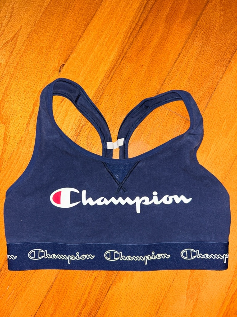 Champion Navy and White Logo Racerback Sports Bra